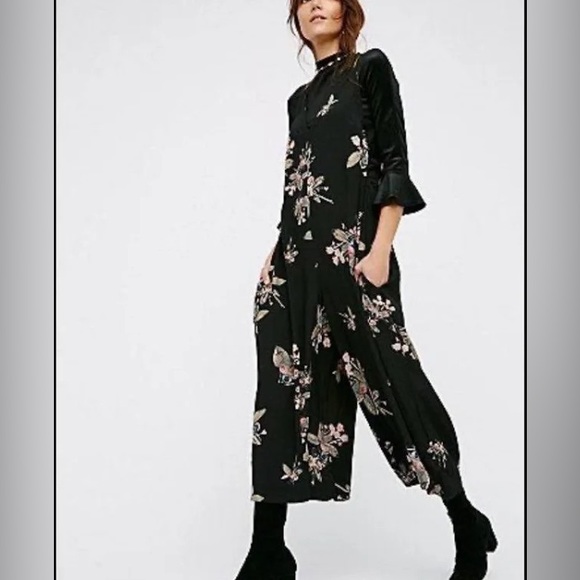 Free People Pants - Free People Dream Big Floral Jumpsuit Wide Leg Black Size L